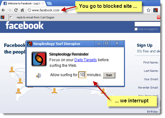 Simpleology Surf Disruptor - interrupts non-productive web surfing